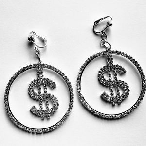 2" Silver Rhinestone $ Sign Hoop Clipon Earrings